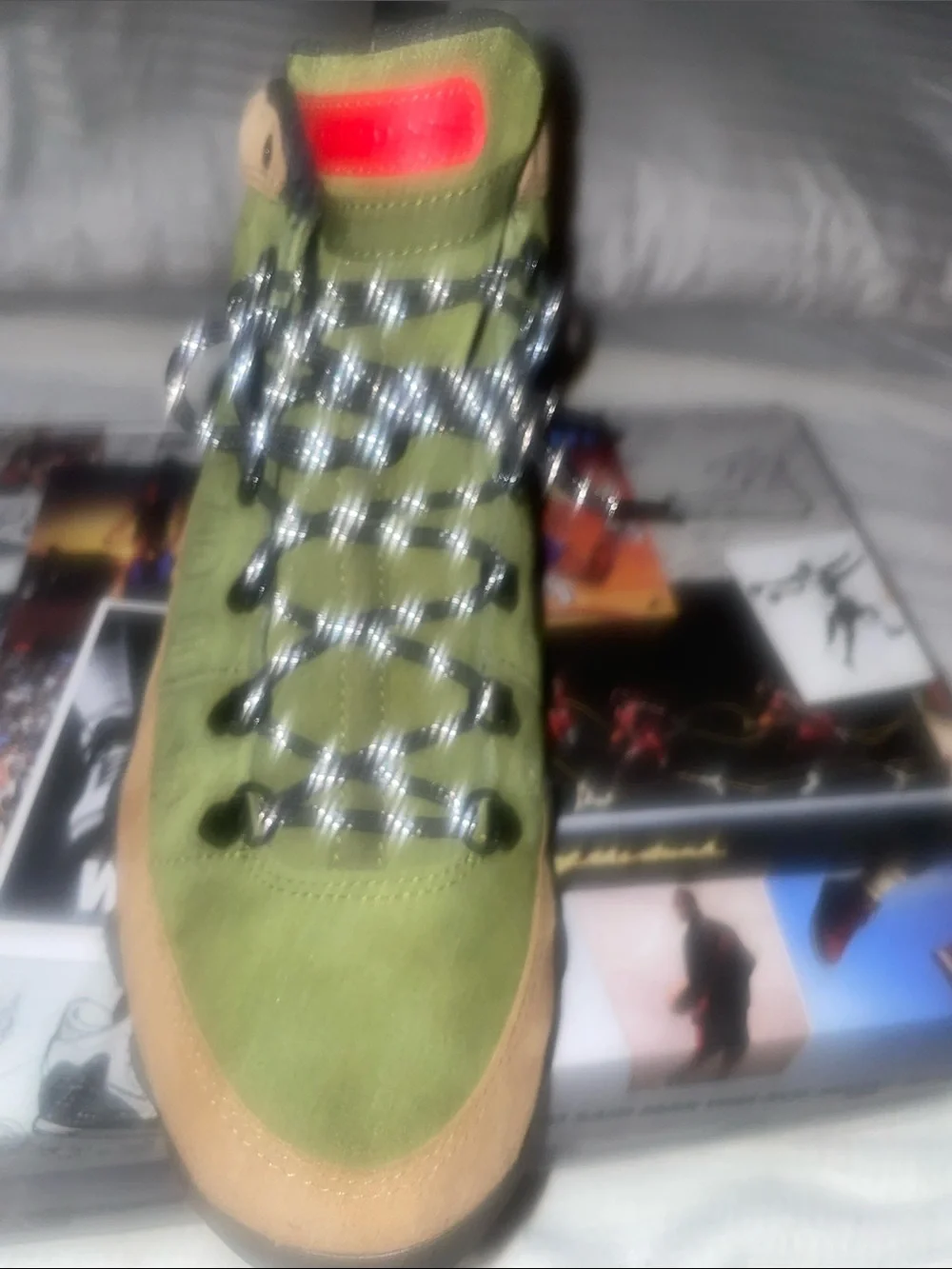 Jordan Olive Green and Tan High-Top Sneakers with Red Accent